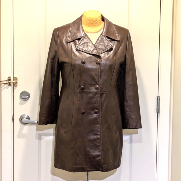 🇨🇦 Gorgeous 70s Trojan 20/XL Brown Leather Trench Coat Made in Canada - Picture 1 of 13
